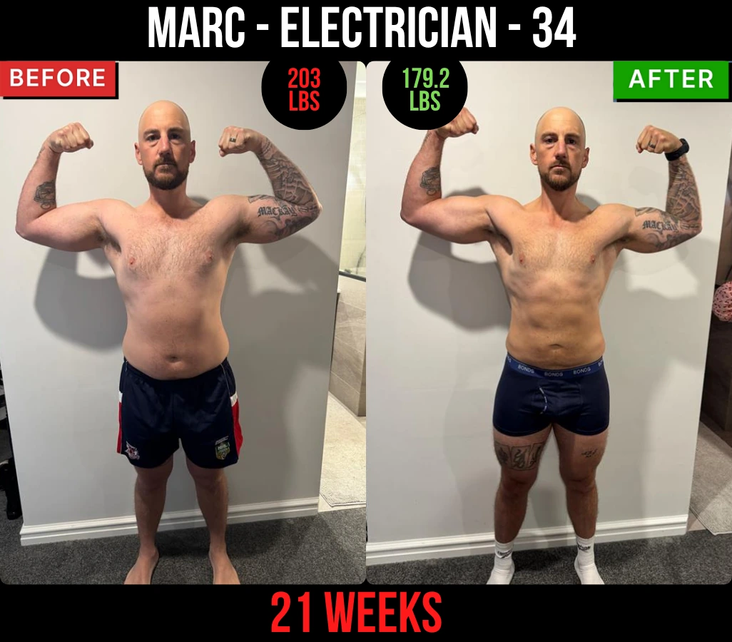 Mark, electrician, 34, before and after: 203 lb to 179.2 lb in 21 weeks