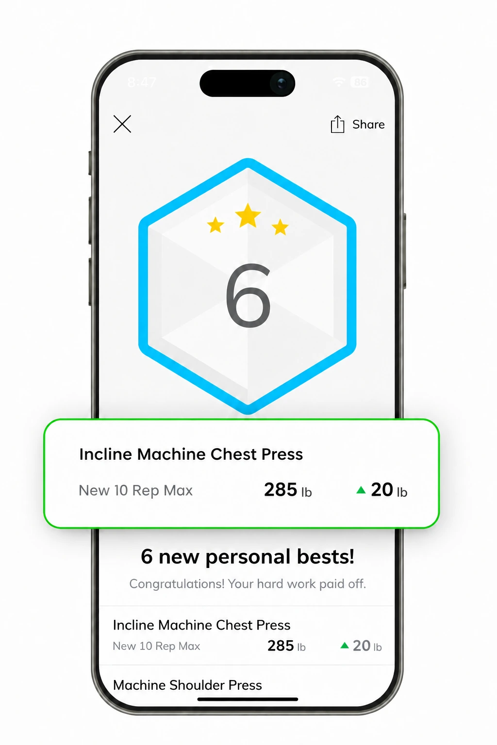 App screen showing 6 new personal bests including a 285 lb incline machine chest press